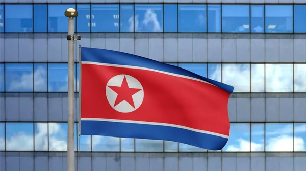 3D, North Korean flag waving on wind with modern skyscraper city. Close up of Korea banner blowing, soft and smooth silk. Cloth fabric texture ensign background.