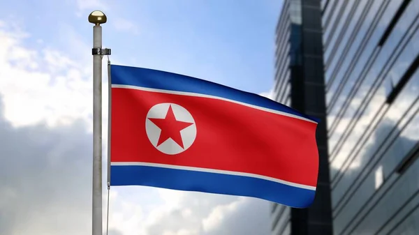 3D, North Korean flag waving on wind with modern skyscraper city. Korea banner blowing smooth silk. Cloth fabric texture ensign background. Use it for national day and country occasions concept.