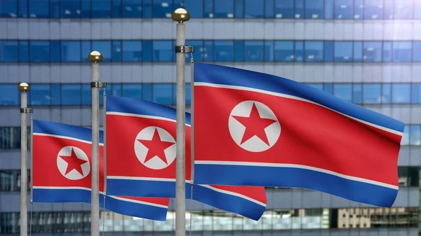 Bandeira Norte Coreana Acenando Vento Com Moderna Cidade Arranha Céus — Fotografia de Stock