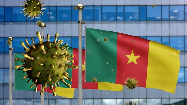 Wirus Grypy Unoszący Się Nad Kameruńską Flagą Nowoczesnym Miastem Drapaczy — Zdjęcie stockowe