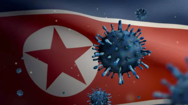 3D, North Korean flag waving with coronavirus outbreak infecting respiratory system as dangerous flu. Influenza type Covid 19 virus with national Korea banner blowing at background.