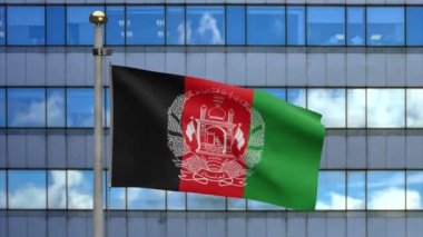 3D, Afgan bayrağı modern gökdelen şehrinde rüzgarda dalgalanıyor. Afganistan afişi pürüzsüz ipek gibi. Kumaş kumaş dokusu, Asteğmen. Bunu ulusal gün ve ülke etkinlikleri için kullan - Dan