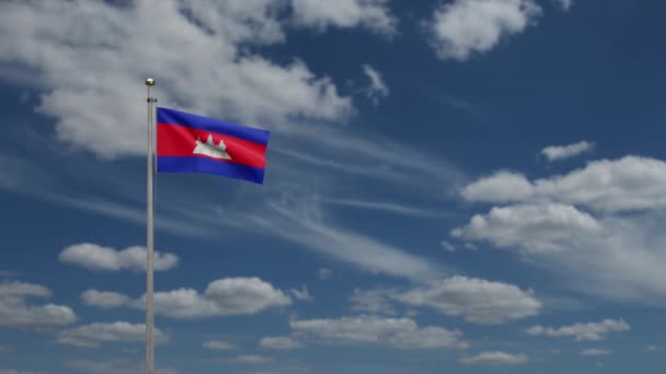 カンボジアの旗の風に青空を振って カンボジアのバナーを吹いて 柔らかく滑らかなシルクを閉じます 布生地の質感が背景を包み込みます — ストック動画