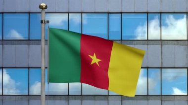 3D, modern gökdelen şehrinde rüzgarda dalgalanan Kamerun bayrağı. Pürüzsüz ipek fotoğraf makinesi afişi. Kumaş kumaş dokusu, Asteğmen. Bunu ulusal gün ve ülke etkinlikleri için kullan.
