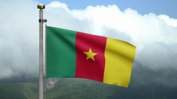Kamerunische Flagge Die Wind Mit Blauem Himmel Und Wolken Weht — Stockvideo