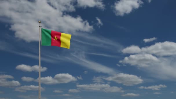 Kameruni Zászló Lobogott Szélben Kék Égbolttal Felhőkkel Kamerun Banner Fúj — Stock videók