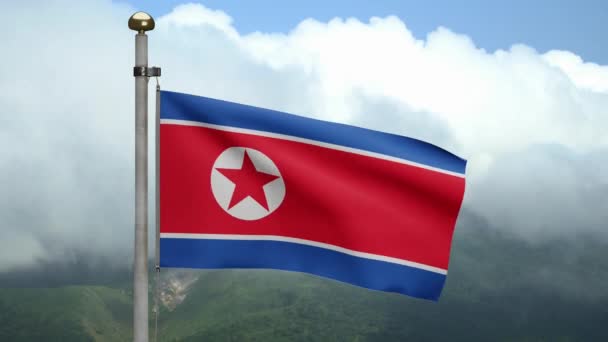 Северокорейский Флаг Машущий Ветру Голубым Небом Облаками Корейское Знамя Раздувает — стоковое видео