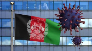 3D, Afgan bayrağı modern gökdelen şehri ve Coronavirus 2019 nCov konseptiyle dalgalanıyor. Afganistan 'daki Asya salgını, koronavirüs gribi, bir salgın kadar tehlikeli grip salgını.