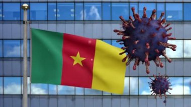 3D, modern gökdelen şehri ve koronavirüs salgını ile dalgalanan Kamerun bayrağı tehlikeli bir grip gibi yayılıyor. Covid 19 tipi grip virüsü ve arka planda ulusal kamerun afişi var.