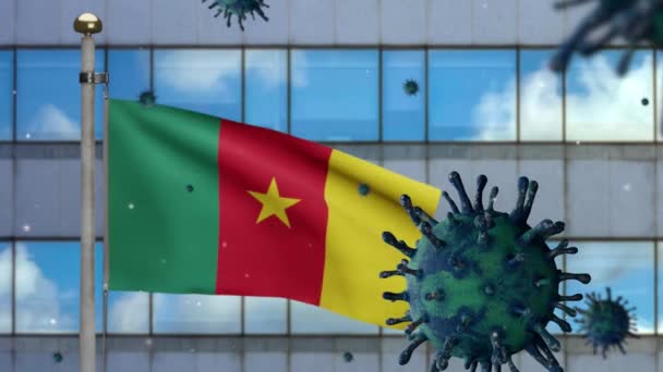 Kamerun Flagga Viftar Med Modern Skyskrapa Stad Och Coronavirus 2019 — Stockvideo