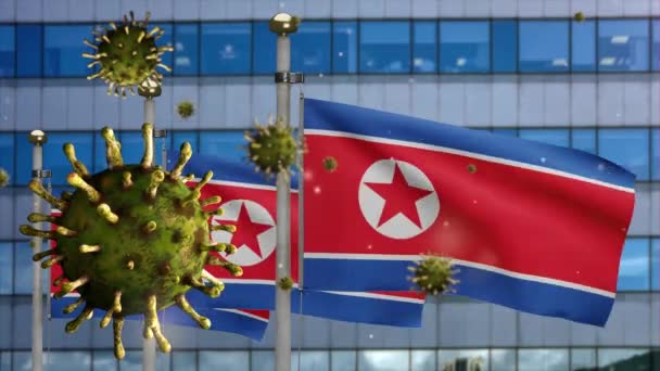 Influensa Coronavirus Som Svävar Över Nordkoreas Flagga Patogen Som Angriper — Stockvideo