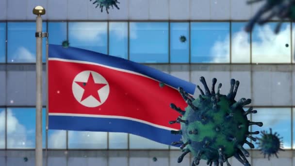 Північнокорейський Прапор Розмахує Коронавірус 2019 Ncov Концепція Азійський Спалах Кореї — стокове відео