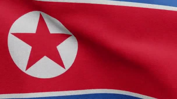 北朝鮮のフラグは 風の中で手を振る 韓国のバナーを吹いて 柔らかく滑らかなシルクを閉じます 布生地の質感が背景を刻印 国民の日や国の機会の概念のためにそれを使用してください — ストック動画