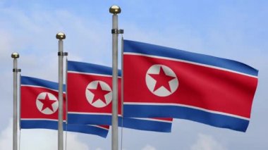 3D, Kuzey Kore bayrağı mavi gökyüzü ve bulutlarla rüzgarda dalgalanıyor. Kore afişini yakın çekin, yumuşak ve pürüzsüz ipek. Kumaş kumaş dokusu. -Dan.