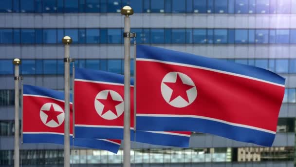 Nordkoreansk Flagga Viftar Vinden Med Modern Skyskrapa Stad Korea Banner — Stockvideo