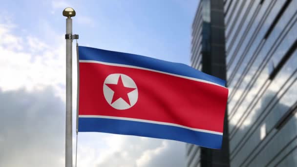 Bandera Corea Del Norte Ondeando Viento Con Ciudad Moderna Rascacielos — Vídeos de Stock