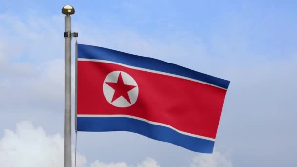 North Korean Flag Waving Wind Blue Sky Clouds Close Korea — Stock Video