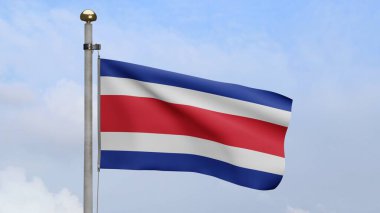 3D, Kosta Rika bayrağı mavi gökyüzü ve bulutlarla rüzgarda dalgalanıyor. Kosta Rika 'nın yumuşak ipek bayrağını yakın çekin. Kumaş kumaş dokusu, Asteğmen. Ulusal gün ve ülke etkinlikleri kavramı.