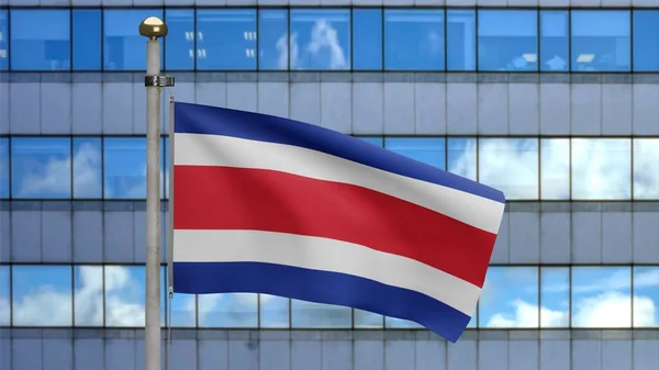 Флаг Коста Рики Машущий Ветру Современным Небоскребом Города Закрыть Баннер — стоковое фото