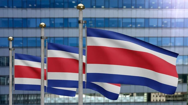 Bandera Costa Rica Ondeando Viento Con Ciudad Rascacielos Modernos Banner —  Fotos de Stock