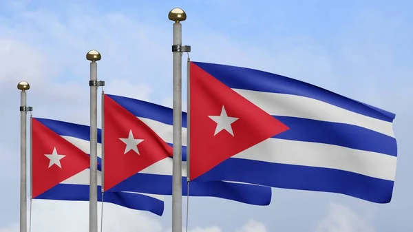 Kubańska Flaga Machająca Wietrze Błękitnym Niebem Chmurami Zbliżenie Baner Kubański — Zdjęcie stockowe