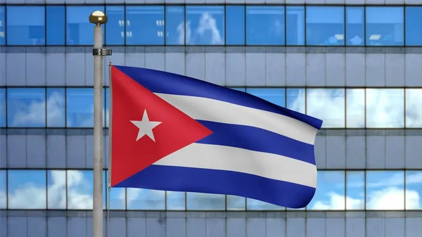 Kubańska Flaga Machająca Wietrze Nowoczesnym Miastem Drapaczy Chmur Zbliżenie Baner — Zdjęcie stockowe