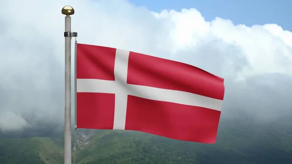 丹麦国旗迎风飘扬 满山乌云 丹麦国旗吹亮光滑的丝绸 布料质地为背景图案 将其用于国庆日和国庆日概念 — 图库照片