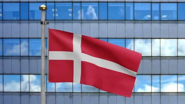 Bandeira Dinamarquesa Acenando Vento Com Moderna Cidade Arranha Céus Bandeira — Fotografia de Stock