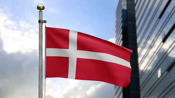 Bandeira Dinamarquesa Acenando Vento Com Moderna Cidade Arranha Céus Dinamarca — Fotografia de Stock