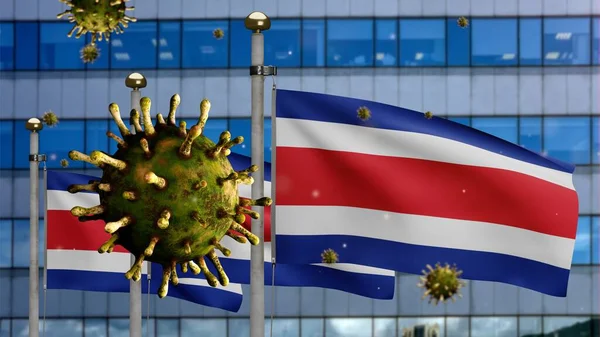 Coronavírus Gripe Flutuando Sobre Bandeira Costa Rica Com Moderna Cidade — Fotografia de Stock