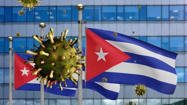 Wirus Grypy Unoszący Się Nad Kubańską Flagą Nowoczesnym Miastem Drapaczy — Zdjęcie stockowe