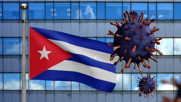 Kubańska Flaga Machająca Nowoczesnym Miastem Drapaczy Chmur Epidemią Koronawirusów Jako — Zdjęcie stockowe