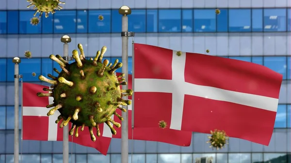 Coronavírus Gripe Flutuando Sobre Bandeira Dinamarquesa Com Moderna Cidade Arranha — Fotografia de Stock