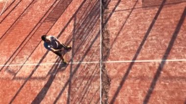 Açık havada tenis oynamayı öğrenen bir adamın en iyi görüntüsü. Topa vurmak için çeşitli Padel teknikleri kullanıyor..
