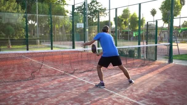 Male Padel Player Practicing Different Paddle Tennis Techniques Outdoor School — Stock Video