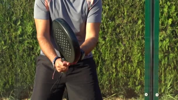 Slow Motion Male Paddle Tennis Player Who Waiting His Racket — Stock Video