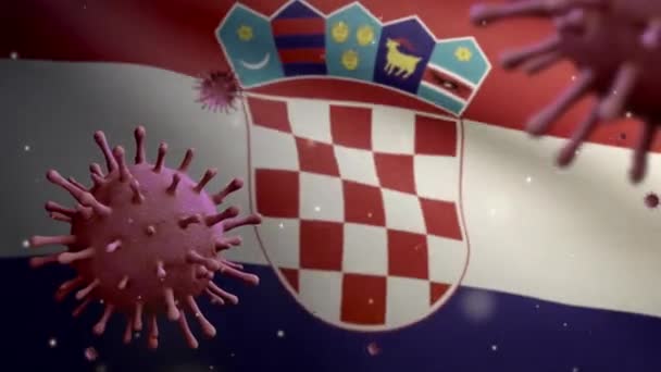 Flu Coronavirus Mengapung Atas Bendera Kroasia Patogen Yang Menyerang Saluran — Stok Video