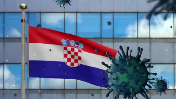 克罗地亚国旗飘扬与现代摩天大楼城市和科罗纳维斯2019 Ncov概念 在克罗地亚爆发的亚洲疫情中 Coronaviruses Influenza是一种危险的流感病毒株 作为一种恐慌 — 图库视频影像