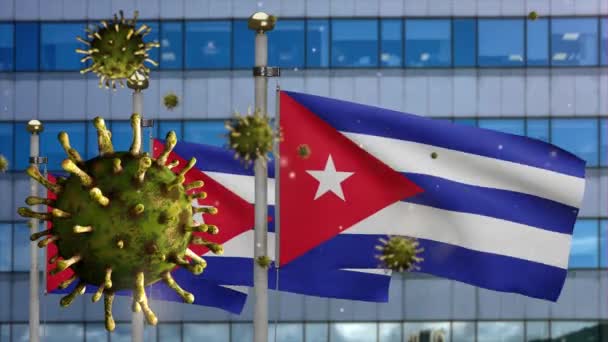 Griep Coronavirus Zwevend Cubaanse Vlag Met Moderne Wolkenkrabber Stad Cuba — Stockvideo