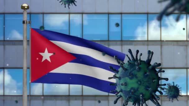 Cubaanse Vlag Zwaaiend Met Moderne Wolkenkrabber Stad Coronavirus 2019 Ncov — Stockvideo