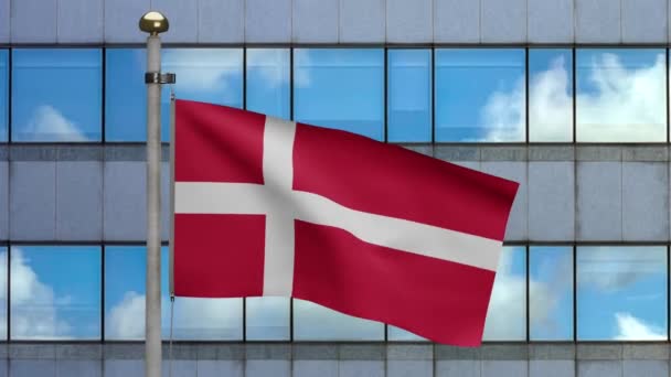 Dansk Flagga Viftar Vinden Med Modern Skyskrapa Stad Danmarks Flagga — Stockvideo