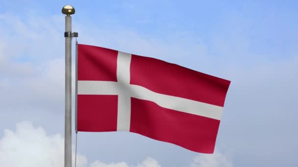 Danish Flag Waving Wind Blue Sky Clouds Denmark Banner Blowing — Stock Video