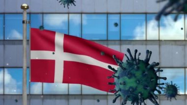 3D, Danimarka bayrağı modern gökdelen şehri ve Coronavirus 2019 nCov konseptiyle dalgalanıyor. Danimarka 'da Asya salgını, koronavirüs salgını, grip salgını gibi tehlikeli grip salgını vakaları. Virüs Covid19-Dan