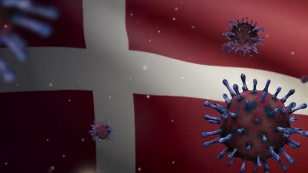丹麦国旗飘扬与感染呼吸系统的大肠病毒爆发为危险流感 流感病毒Covid 19以丹麦国旗为背景 大流行病概念 — 图库视频影像