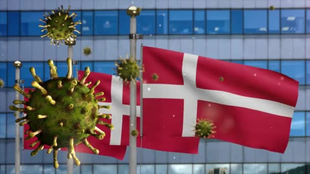 Flu Coronavirus Floating Danish Flag Modern Skyscraper City Denmark Banner — Stock Video