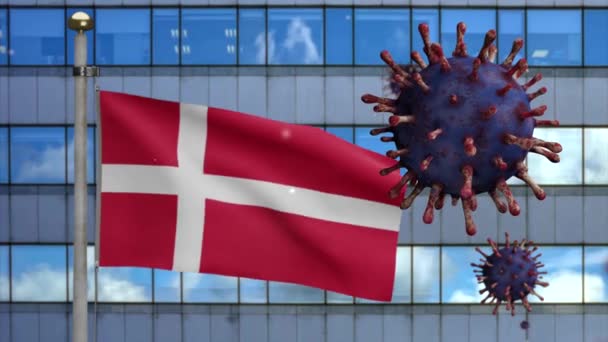 Датский Флаг Размахивающий Современным Небоскребом Вспышкой Коронавируса Опасный Грипп Вирус — стоковое видео