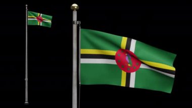 Dominik bayrağının rüzgarda dalgalanan 3 boyutlu alfa kanalı. Dominica afişini yakın çekin, yumuşak ve pürüzsüz ipek. Kumaş kumaş dokusu. -Dan.