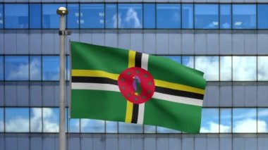 3D, Dominik bayrağı modern gökdelen şehrinde rüzgarda dalgalanıyor. Dominica afişini yakın çekin, yumuşak ve pürüzsüz ipek. Kumaş kumaş dokusu. -Dan.