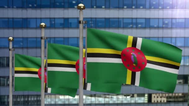 Dominikanska Flaggan Viftar Vinden Med Modern Skyskrapa Stad Dominica Banner — Stockvideo