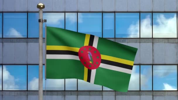 Dominikanische Flagge Weht Wind Mit Moderner Wolkenkratzerstadt Dominica Banner Weht — Stockvideo